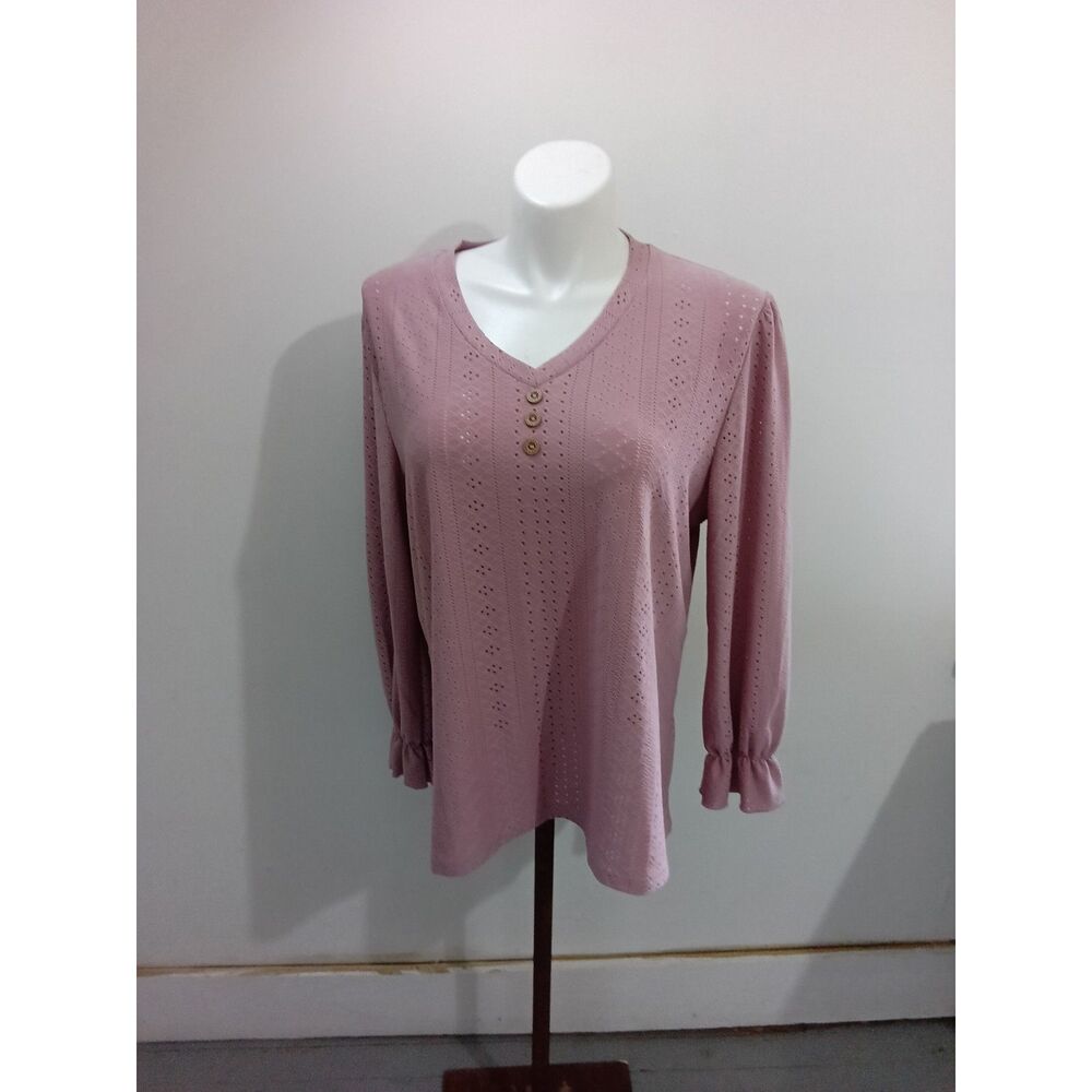Dusty Rose Eyelet V-Neck Blouse Button Front Ruffle Cuff Size 2XL